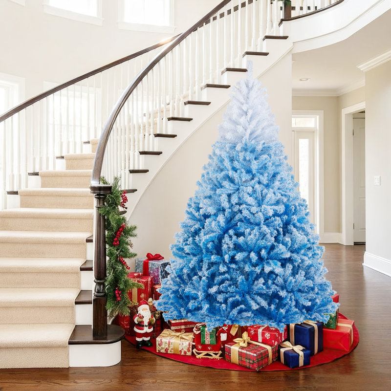 Arbre de Noël artificiel 7 pi avec 1264 branches et base pliante en métal blanc et bleu, H 7 pi, Blanc / Bleu