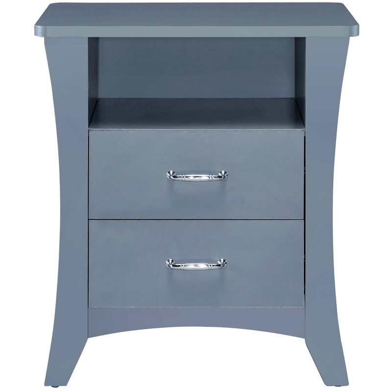 Table de chevet grise avec 2 tiroirs et tablettes ouvertes