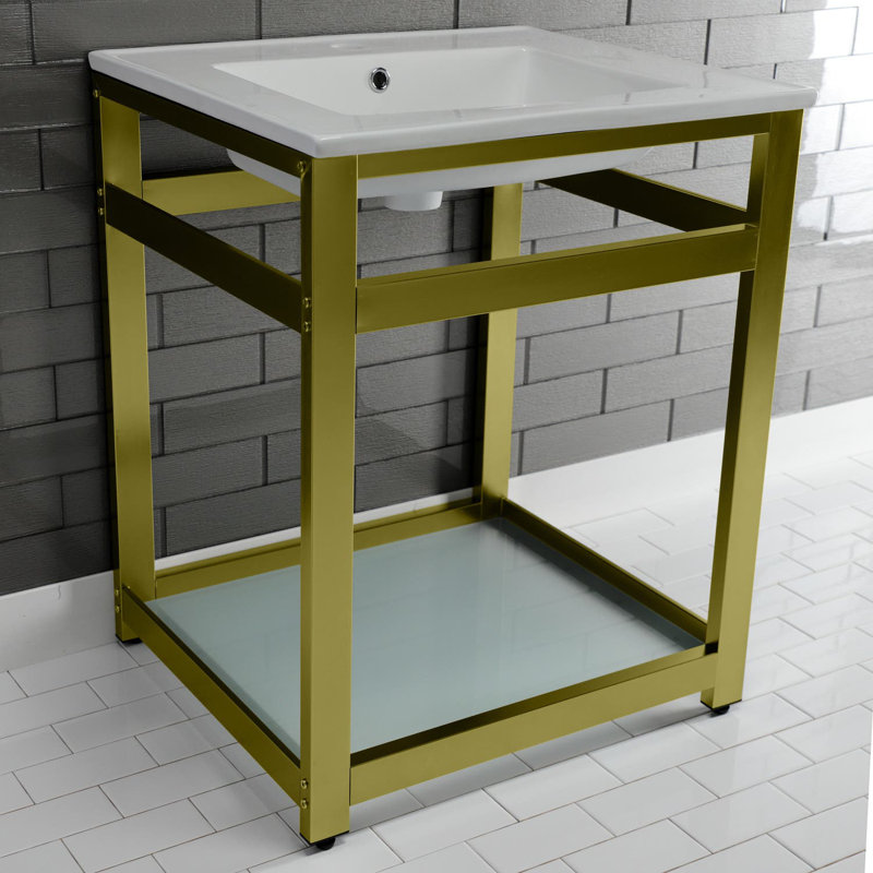 Kingston Brass Quadras 25-Inch Ceramic Console Sink with Steel Base and Glass Shelf, Single
