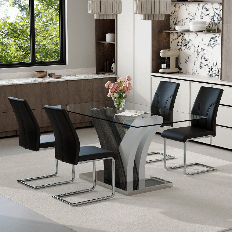 Ensemble de table de salle à manger de 63 po pour 4 personnes, comprenant un plateau en verre et des chaises en cuir. Cet ensemble de salle à manger en verre de 5 pièces convient aux maisons, aux restaurants et aux espaces de bureau.