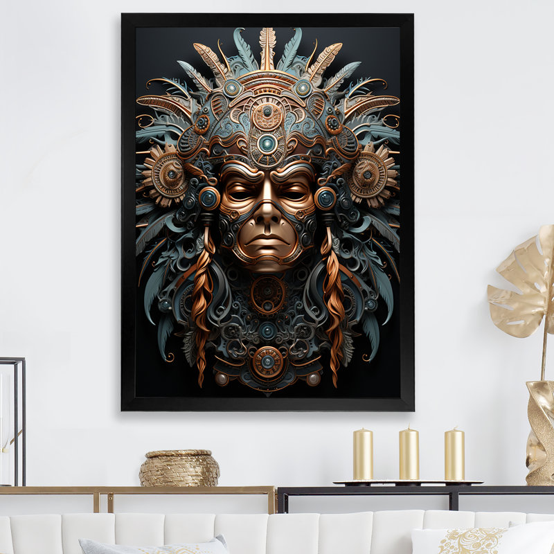 Emerald and Black Native Warrior Mask II sur impression sur toile, Cadre simple noir, H 44 po x l 34 po x P 1,5 po