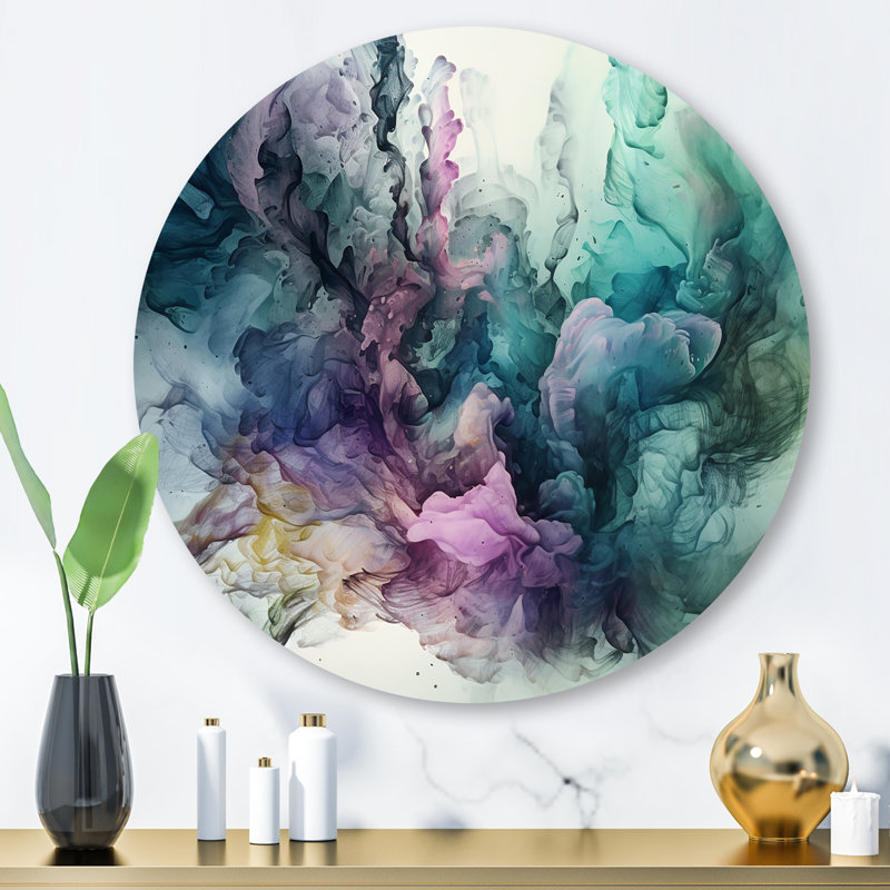 Green and Purple Liquid ink Round metal Wall Decor, 16" H x 16" W x 1" D