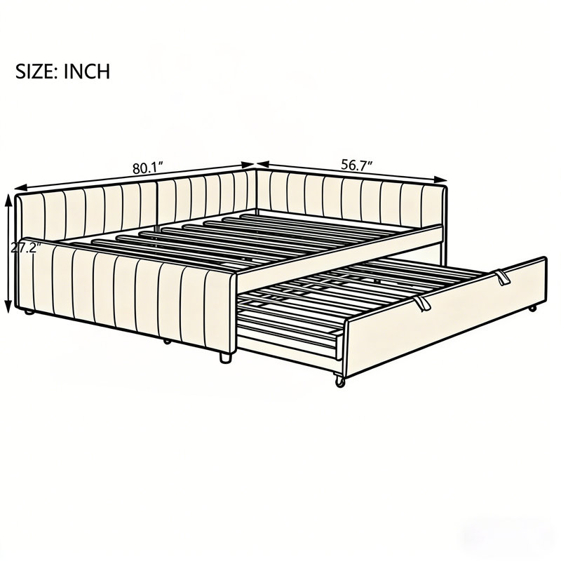 Full Size L-Shaped Upholstered Daybed with Twin Trundle, Beige, Elegant Striped Design and Comfortable Backrest, Beige