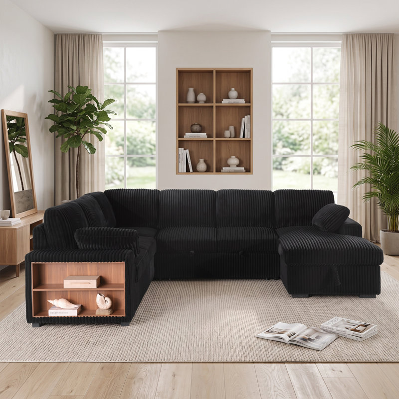 Canapé-lit modulaire en velours côtelé de 116 po avec rangement et accoudoirs avec rangement, Velours côtelé noir