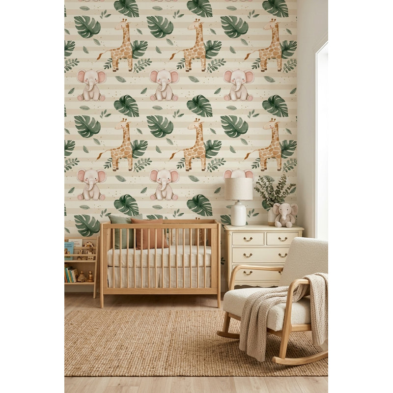 Papier peint girafe éléphant motif aquarelle jungle, Non-Woven Non-Pasted