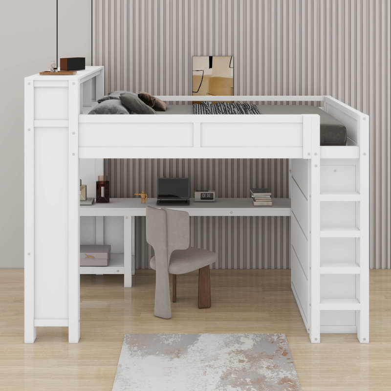 Wooden Queen Loft Bed With Wardrobe And Desk, Headboard With Storage And USB, White