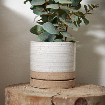 Pot en céramique 6 "avec drainage et soucoupe glaçure blanche et beige