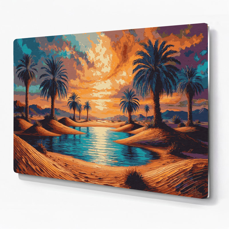 Art mural en métal Sci Fi Desert oasis palmiers mauve, H 132 po x l 168 po x P 0,05 po