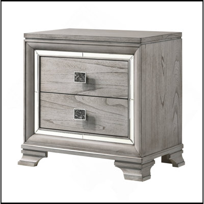 Contemporary 1Pc Light Gray Finish 2 Storage Drawer Nightstand End Table Mirrored Accents Beautiful Solid Wood Wooden Bedroom Furniture