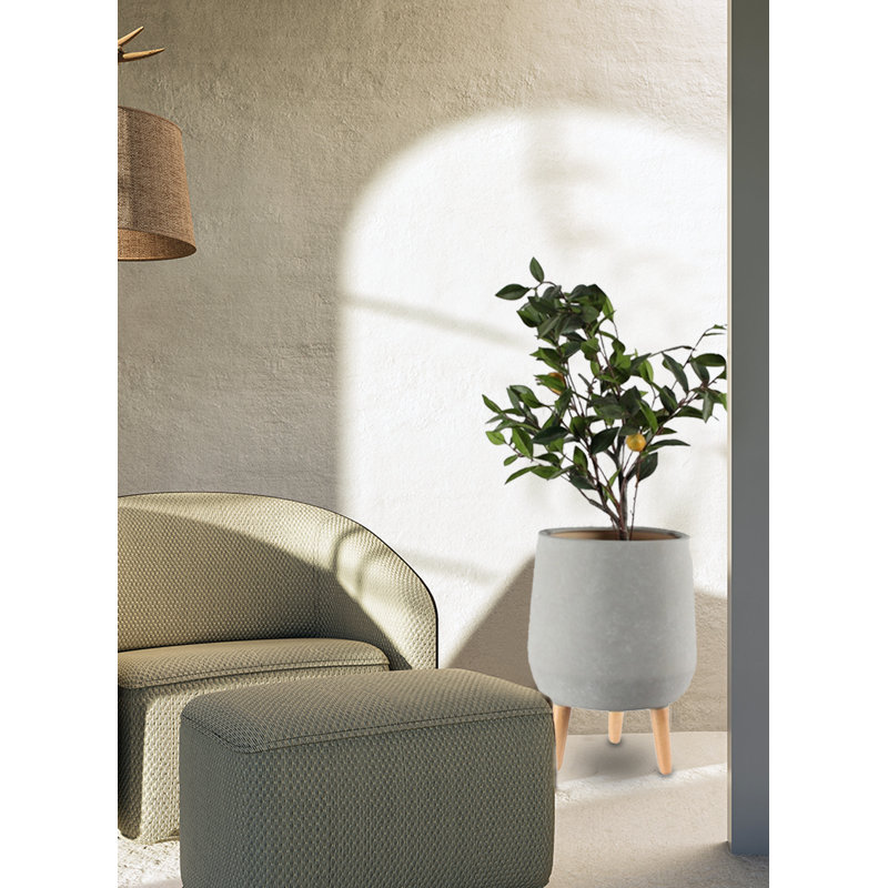 Porte-pot en céramique gris George Oliver pour plantes avec pieds en bois, à utiliser comme plante en pot avec support