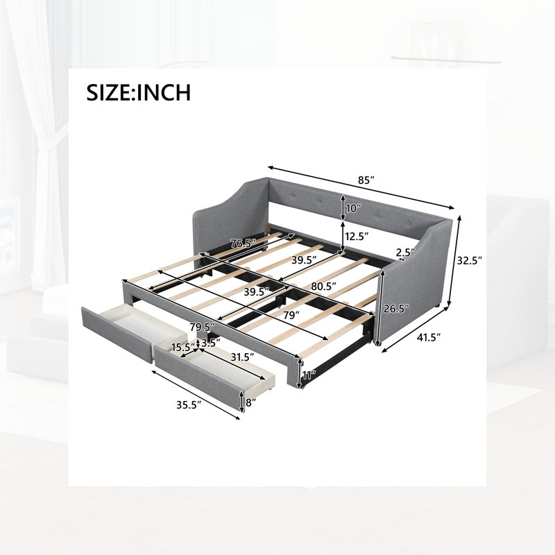 85'' L Twin XL To King Daybed - Beige Linen Upholstery, 2 Storage Drawers, Button Tufted, Gray