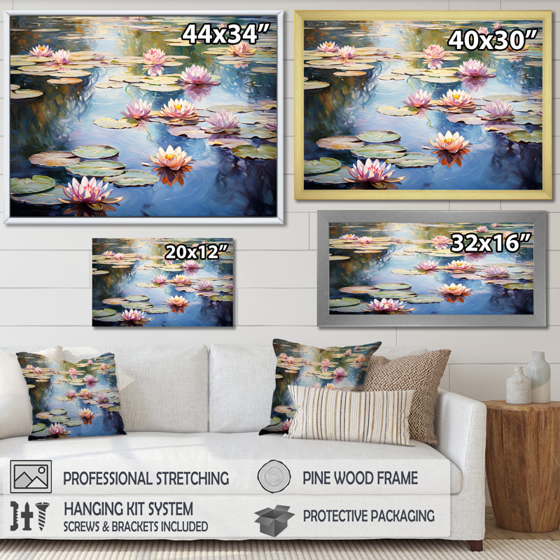 «Monets Water Lily Pond Reflections 2 - Lake», art mural, H 12 po x l 20 po x P 1 po, Cadre d'angle fermé noir
