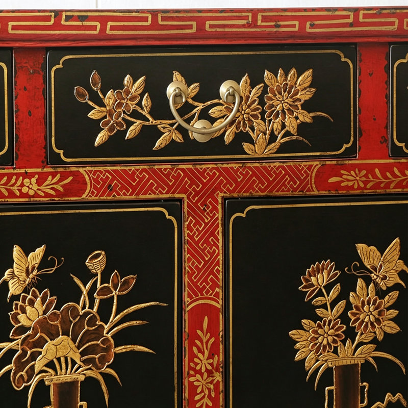 Armoire d'entrée antique de style chinois, Black / Red, Black, Red