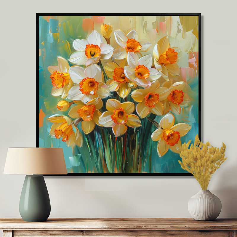 Décoration murale Bloom, orange, nature morte, jonquilles I - Jonquilles, Cadre flottant noir, H 16 po x l 16 po