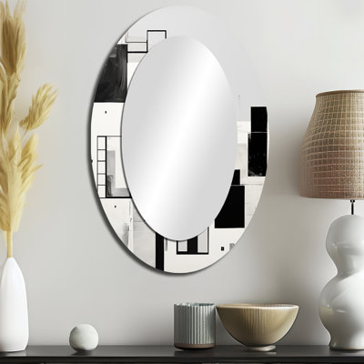 Cubic Black And White Windows To The Ocean - Abstract Oval Decorative Mirror On Metal