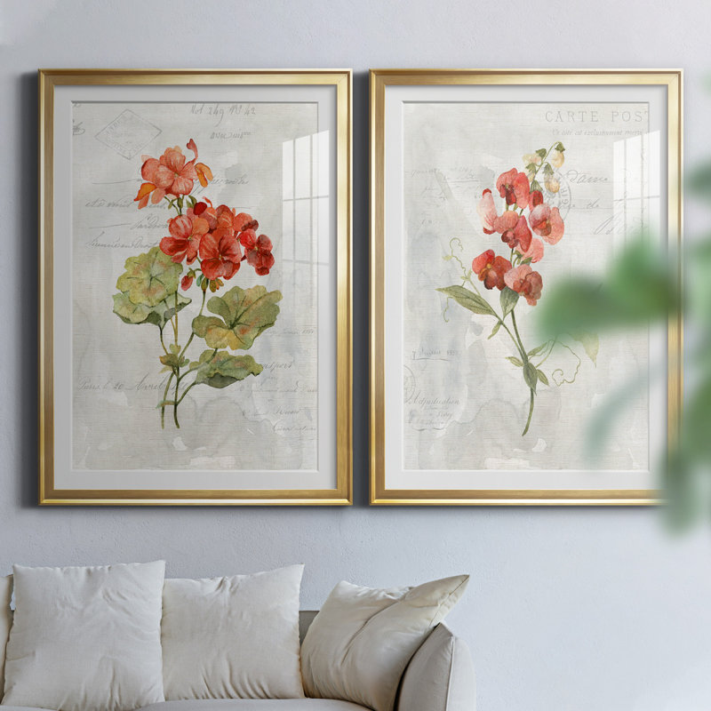 " Linen Geranium " 2 - Pieces, 26.5" H x 73" W x 1.5" D, Gold Framed Paper, White