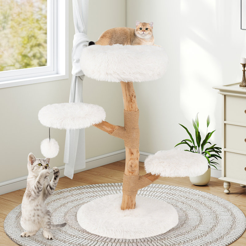 Arbre à chat avec perchoir, poteaux à griffer en jute naturelle, boule pendante, peluche douce et longue naturelle et blanche