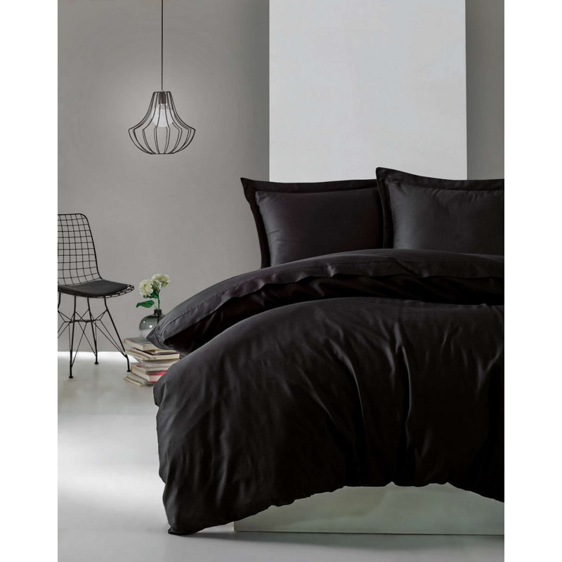 Luxury Satin Quilt Cover Set (1 Duvet Cover & 1 Pillowcase), Black, 55.1 x 78.7 inches | 100% Cotton Satin, 210 Thread Count, Reactive Printing, Machine Washable | Elegant Design with Button Closure for Modern Bedrooms