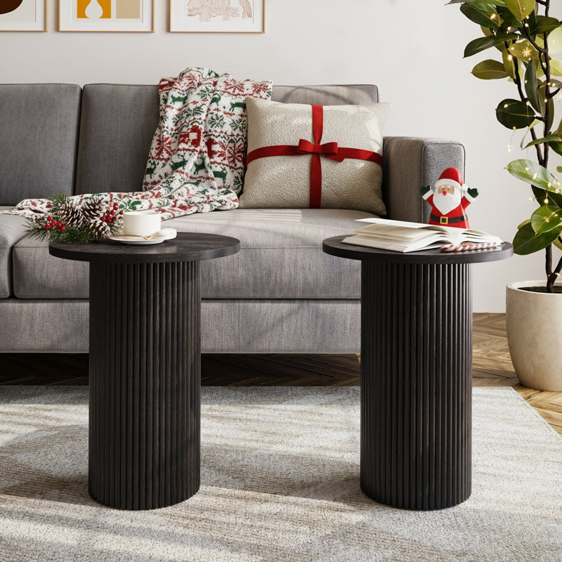 Pedestal Wood Round End Table Set Drum Side Table (Set of 2), Black