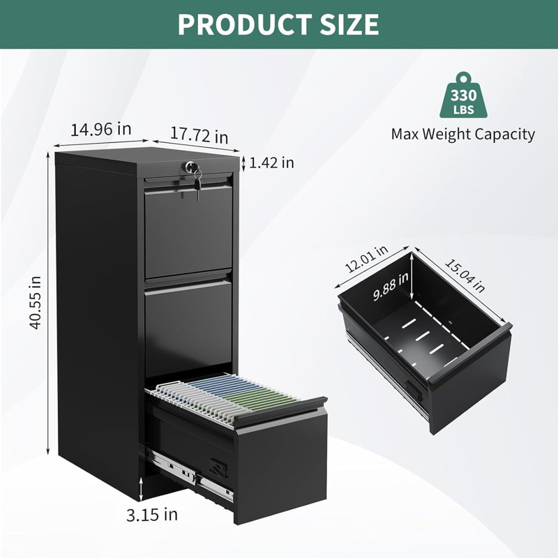 3 Drawer File Cabinet, Metal Filing Cabinet with Lock, A4 File Cabinets with Stationary Tray, Large Capacity, File Storage Cabinets for Home, Office