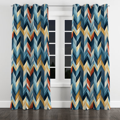 Blue And Golden Geometric Chevron - Abstract Geometric Blackout Grommet Curtain - 1 Panel