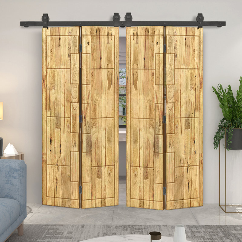 Porte de grange double pliante en bois de pin teinté avec quincaillerie coulissante, 60 po x 84 po, Chêne vieilli