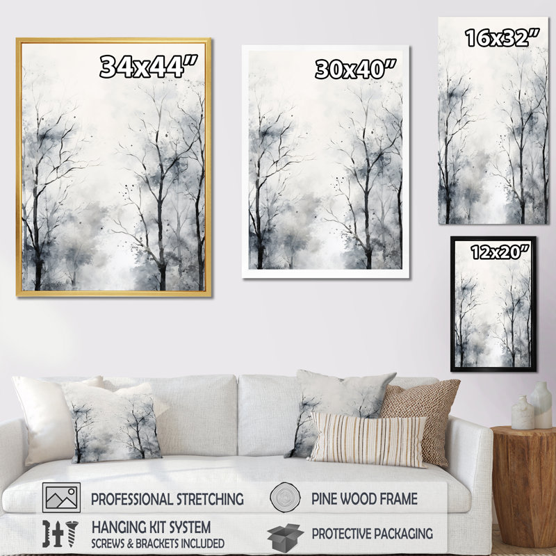 Monochromes mystiques de la forêt, impression sur toile II, Cadre flottant doré, H 44 po x l 34 po x P 1,5 po