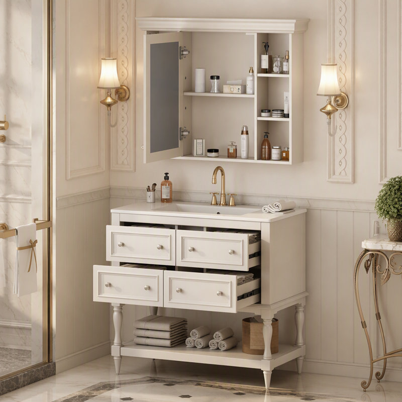 Meuble-lavabo 36 po avec armoire à pharmacie, armoire à miroir moderne avec tablette réglable, armoire de rangement pour salle de bain avec 4 tiroirs, armoire de rangement avec cadre en bois massif