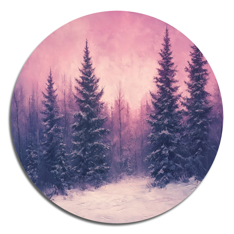 Décoration murale ronde en métal Snowy Pines At Dusk - Forest Winter, L 23 po x H 23 po