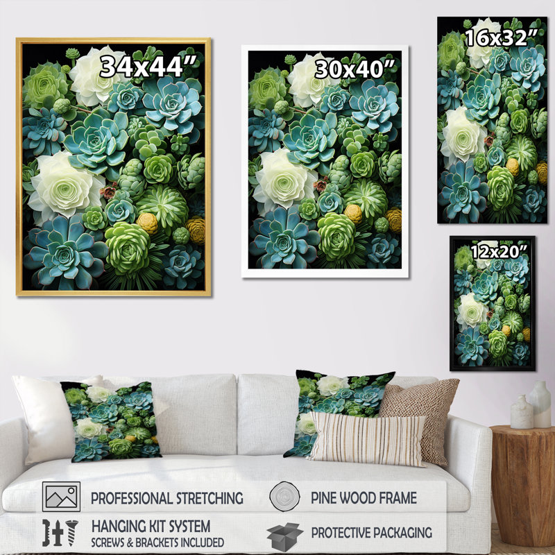 «Chataignier Green Succulents Serenity Garden I», reproduction sur toile, Cadre photo doré, H 20 po x l 12 po x P 1 po