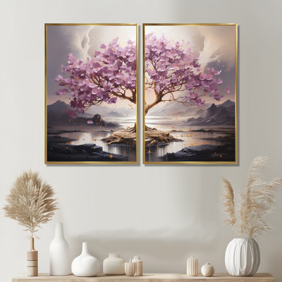 Arbre de fleurs de cerisier mauve au bord du lac I - art mural sur toile mauve 2 pièces