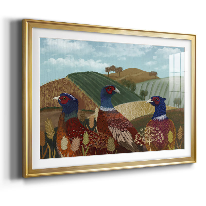Trio de faisans dans un champ, impression sur papier, H 30 po x l 44 po x P 1,5 po, Or