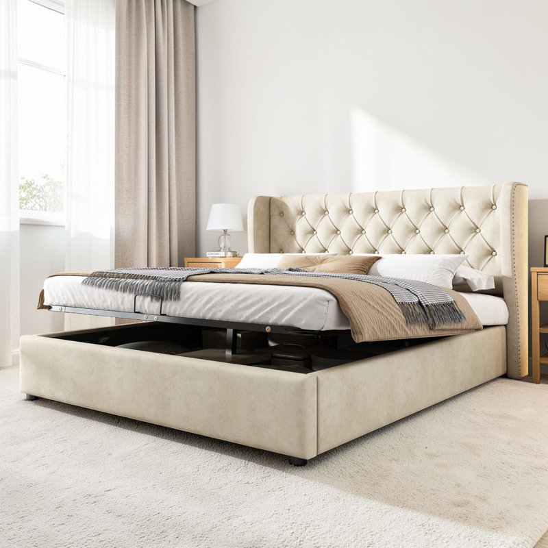 Antoinet Upholstered Single (3') Velvet Bed, Beige