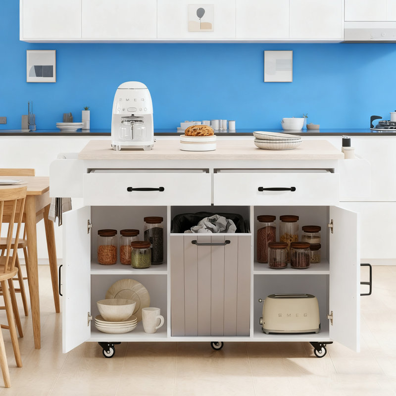Multipurpose Rolling Kitchen Island - Tilt-Out Trash Can, Drop Leaf, Spice/Towel Racks, Drawers, Adjustable Shelves (51.06"X20.55"X35.04")，White
