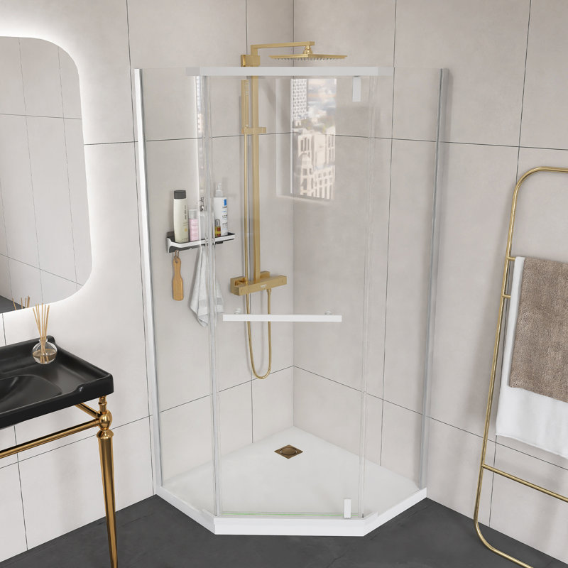 Matte White Finish 34.75 In. X 72 In.Frameless Neo-Angle Pivot Shower Door,With 1/4 Inch Thick Tempered Glass, Matte White