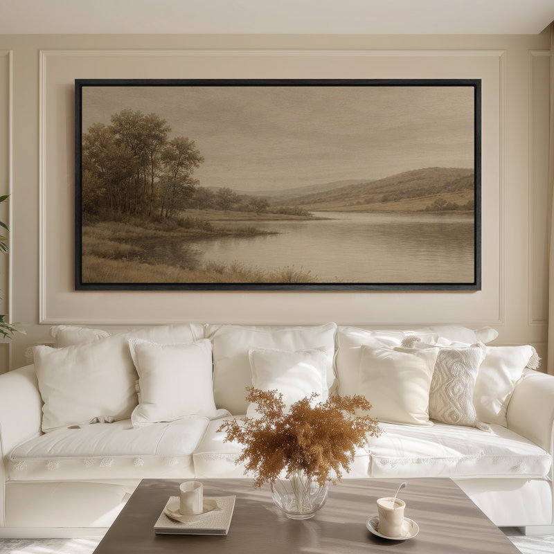 Framed Canvas Wall Art - Tranquil River Landscape with Trees and Rolling Hills in Warm Neutrals - 16"x24", 24"x36", Black