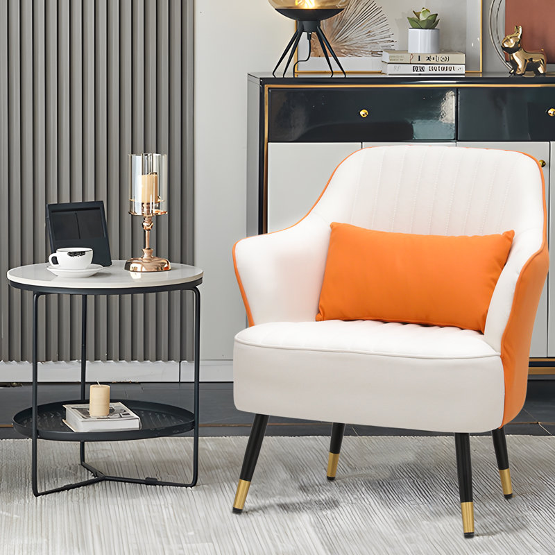 Orange and White Leathaire Upholstered Accent Chair with Wood Frame