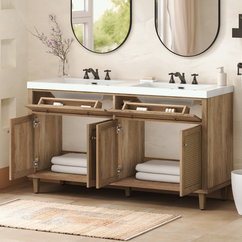 Bathroom Vanity with Sink, 2 Flip-Out Drawers and 4 Soft Closing Doors, Natural