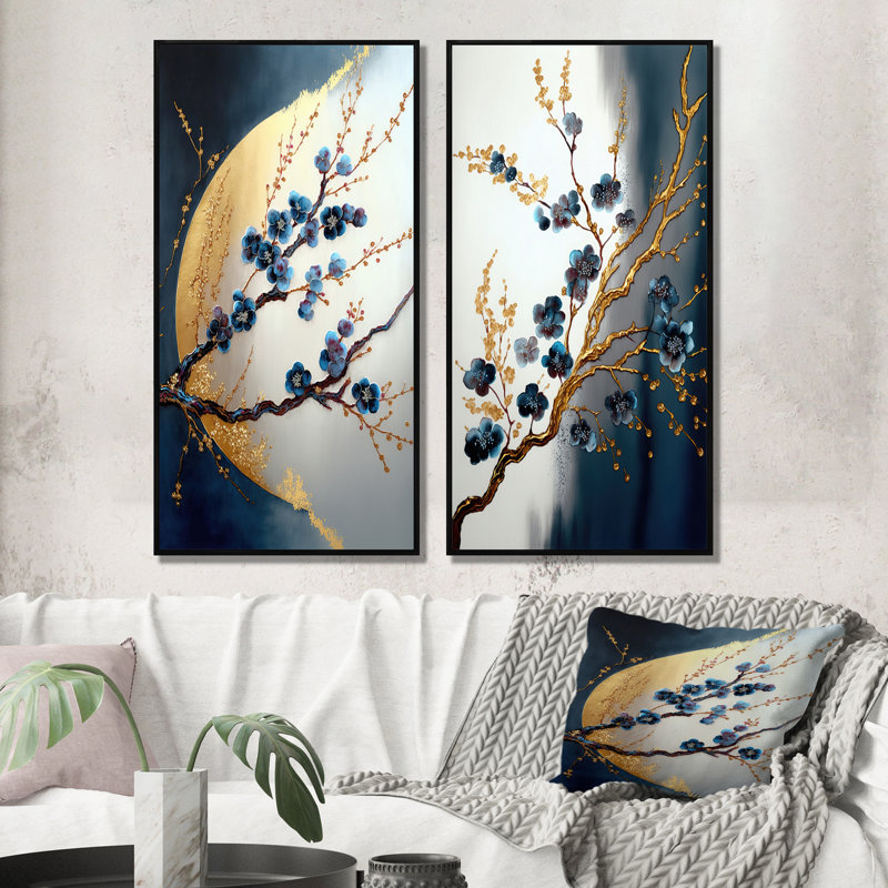 «Blue Cherry Blossom Branch IV», 2 pièces sur toile, Cadre noir, H 20 po x l 24 po