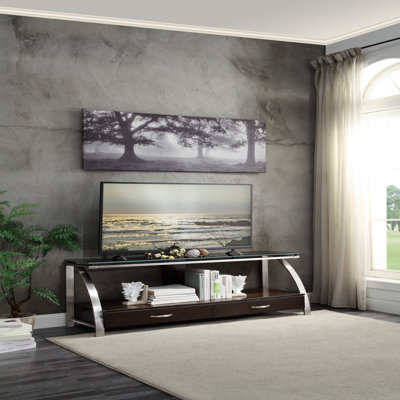 Modern TV Console Table, Glass Top, Stainless Steel Frame for Living Room - Transparent