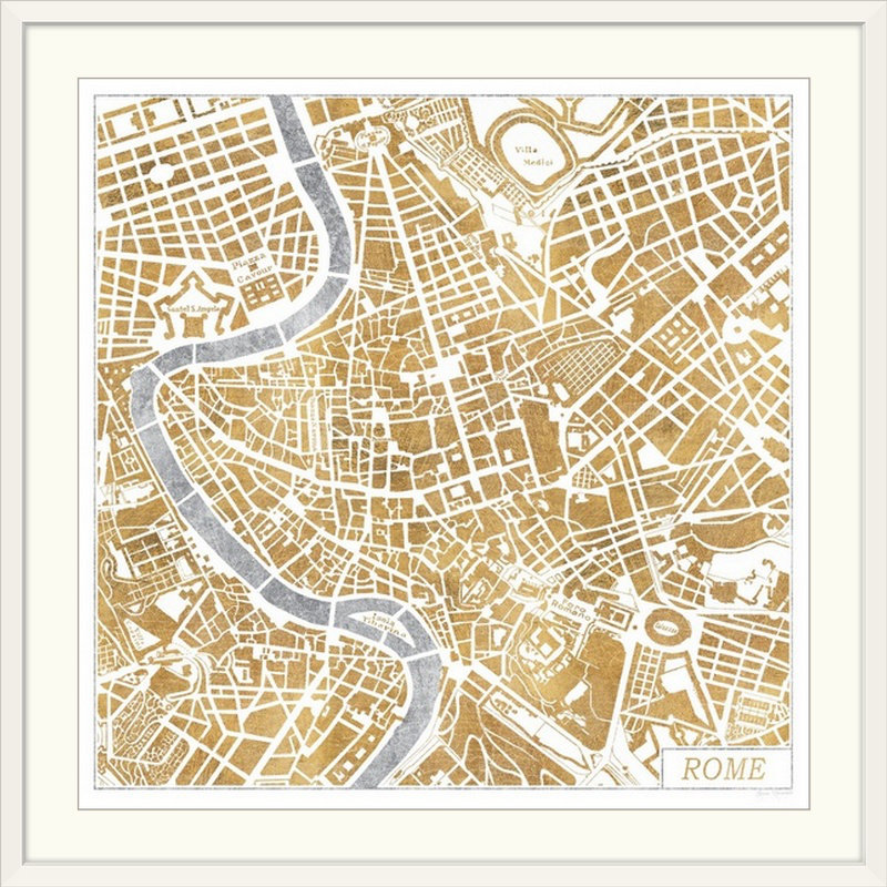 «Gilded Rome Map» par Laura Marshall, impression d'art graphique Kerlynn, H 32 po x l 32 po x P 1 po, Cadre blanc