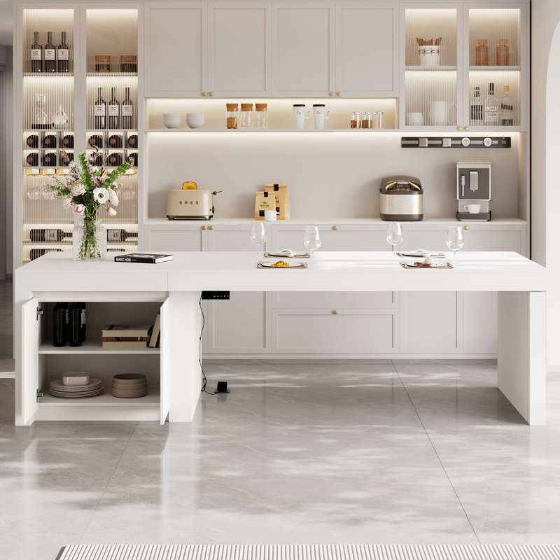 Clutter Solved — 110.2" Electric White Height-Adjustable Table With Side Cabinet