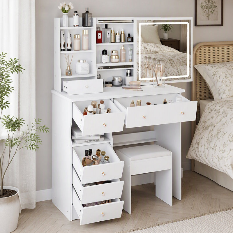 Meuble-lavabo à DEL de 37 po avec tiroir à gauche + tabouret rembourré, grande commande tactile, miroir à découpage 3 couleurs, ensemble de coiffeuse à maquillage grande capacité, EPA, GCC, certificat UL