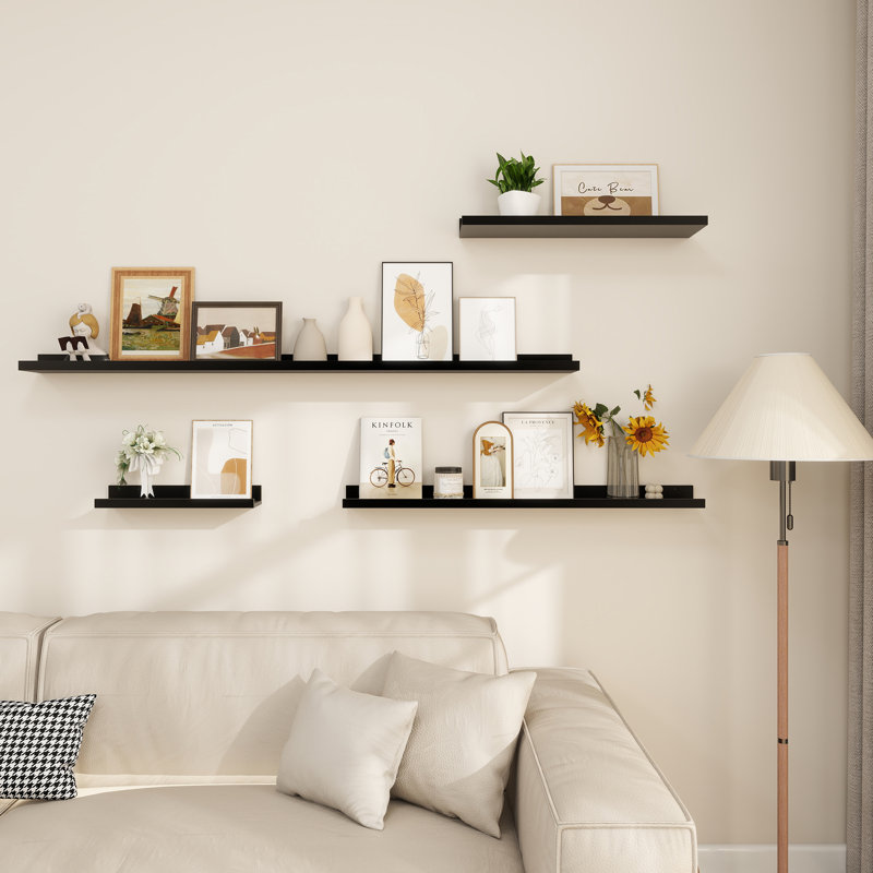 Tablettes flottantes murales Parece pour chambre à coucher, salon, Noir, H 2 po x l 72 po x P 5 po