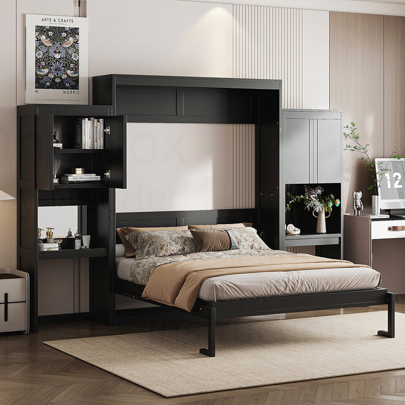 Grand lit escamotable avec bureau, coiffeuse et armoires, Espresso