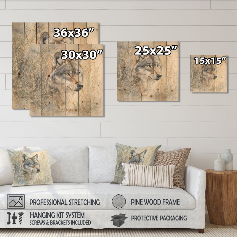 Loup rétro au clair de lune - Décoration murale moderne en bois sur bois de pin naturel, H 15 po x l 15 po