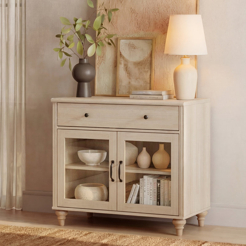 Buffet Corretta avec portes vitrées, meuble de rangement de cuisine, table basse en bois avec rangement, buffet/crédence de style ferme moderne pour salle à manger ou salon, beige, 86 cm (34 pouces).