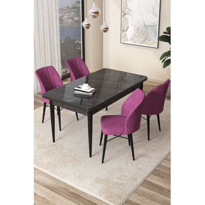 Modern 5-Piece Dining Table & Chairs Set, Black Marble & Purple | 100% Melamine Coated Chipboard, Table: 43.3 x 30.0 x 28.0 inches | Chairs: 17.7 x 35.4 x 16.5 inches | Durable Wooden Legs & Metal Frame, Elegant Design for Contemporary Homes
