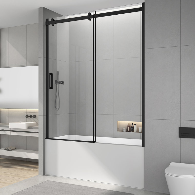 60" W x 60" H Single Sliding Frameless Tub Door with 5/16"(8mm) Clear Tempered Glass, Black