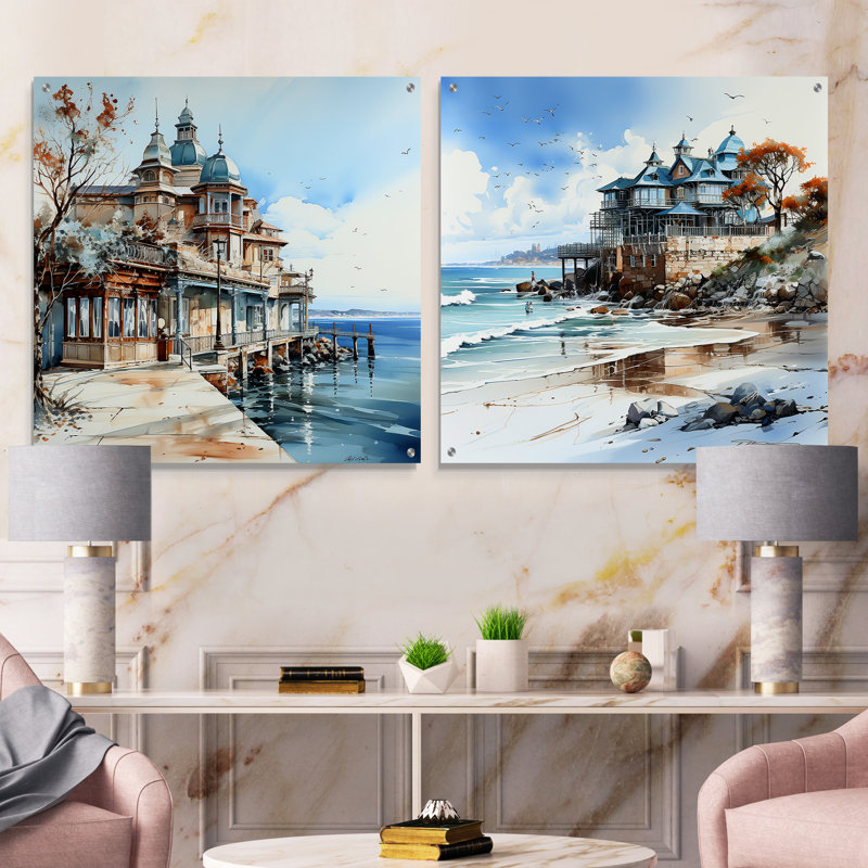 «Beach House Charm In Winter - Coastal Pier», ensemble de 2 peintures murales en acrylique, H 36 po x l 73 po